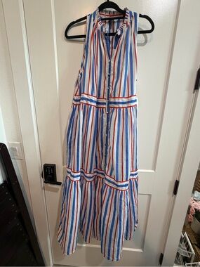 Olivia James The Label Sleeveless Stripe Maxi Dress 100% Cotton fullylined LARGE